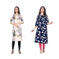 Women American Crepe Heavy Fabric Straight 3/4 Sleeve Round Neck Kurti