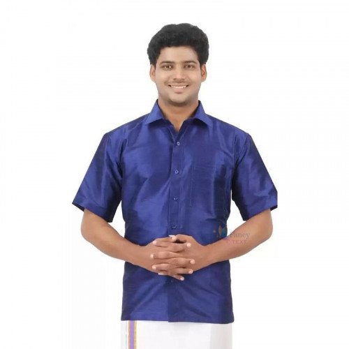 Celebration Silk Half Sleeve Shirt - 2 Meters Dhoti - Blue