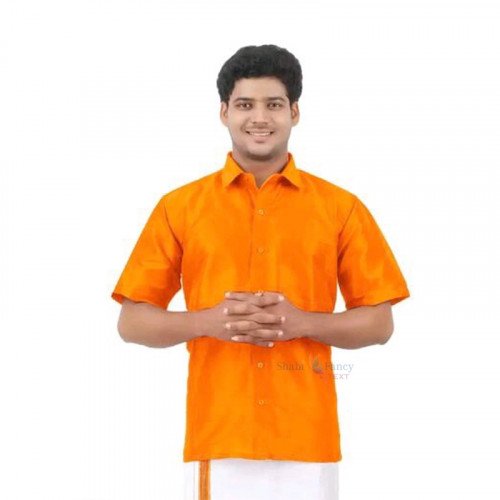 Celebration Silk Half Sleeve Shirt - 2 Meters Dhoti - Orange
