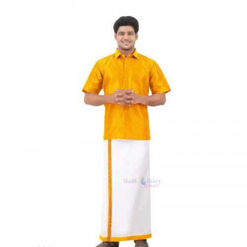 Celebration Silk Half Sleeve Shirt - 2 Meters Dhoti - Yellow