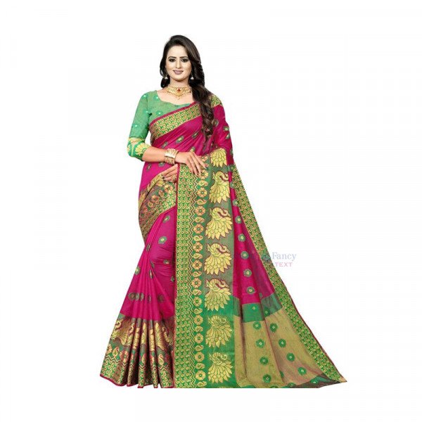 New Cotton Silk Saree - Green and Pink