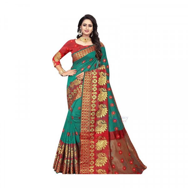 New Cotton Silk Saree - Dark Green and Red