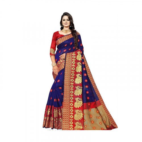 New Cotton Silk Saree - Blue and Red