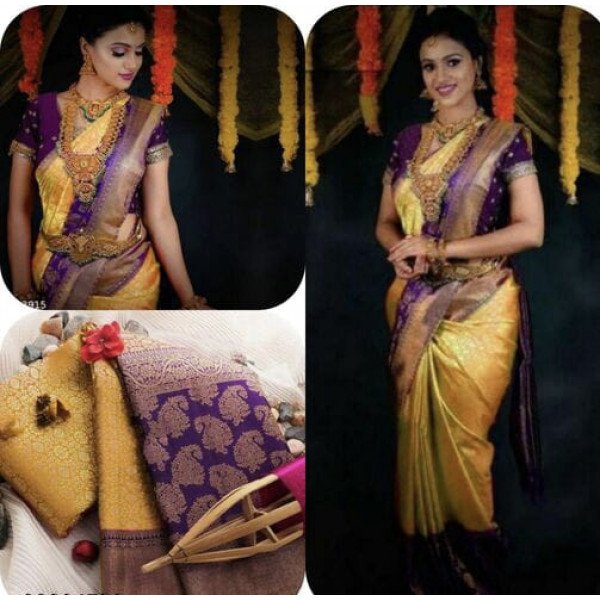 Kanjivaram Silk Saree - Yellow and Purple