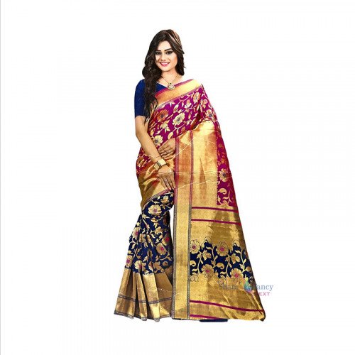 Panaras Silk Saree - Blue and Yellow