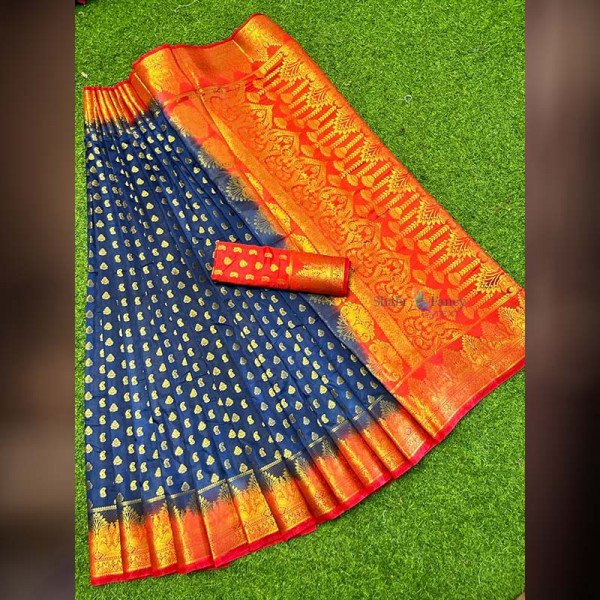 Soft Silk Saree - Blue and Orange